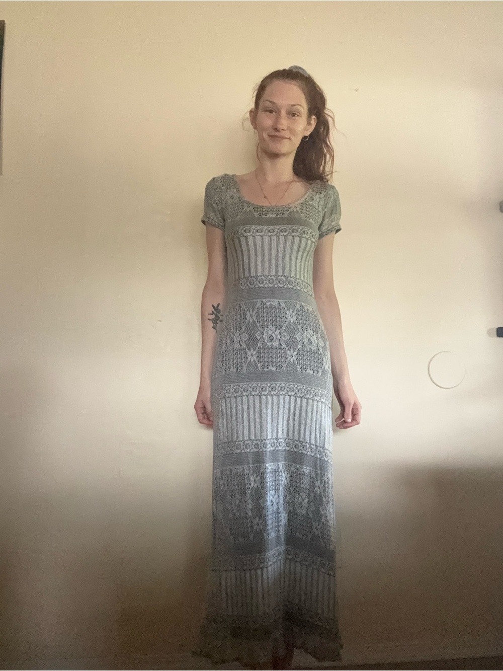 Vintage Crochet Lace-Pattern Maxi Dress with Short Sleeves